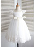 Ivory Lace Tulle Puff Sleeves Knee Length Flower Girl Dress 